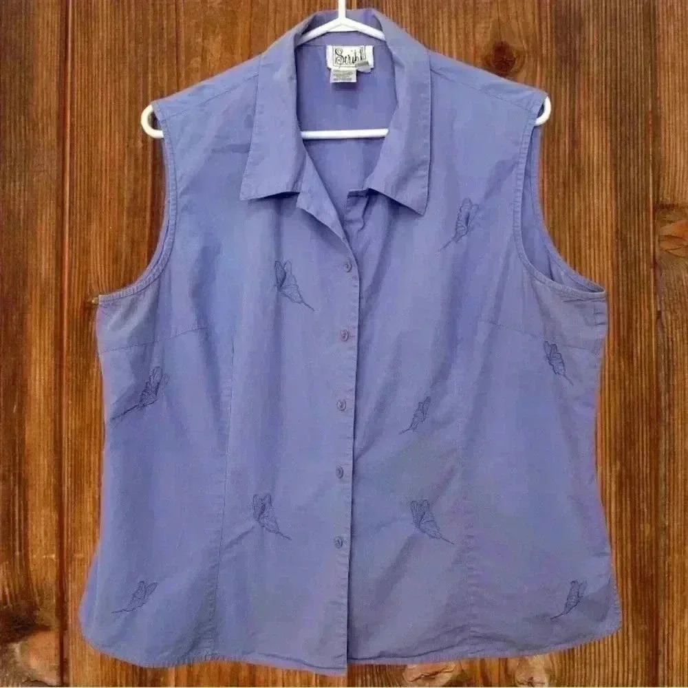 Script vintage, 100% cotton,  sleeveless top w front darts, butterfly embroidery